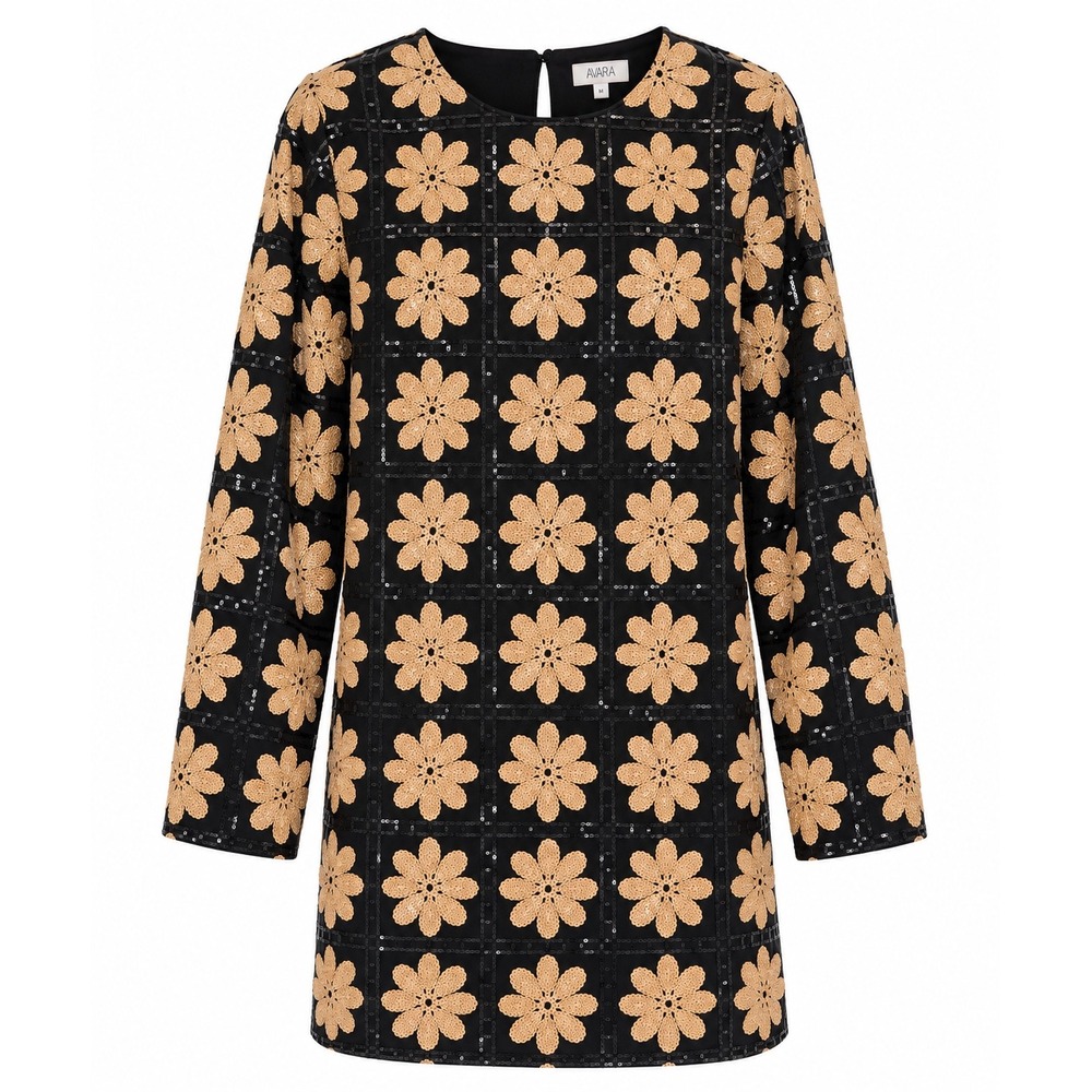 NWOT Avara Claudia Dress Black Gold Sequin Floral Long Sleeve Shift M